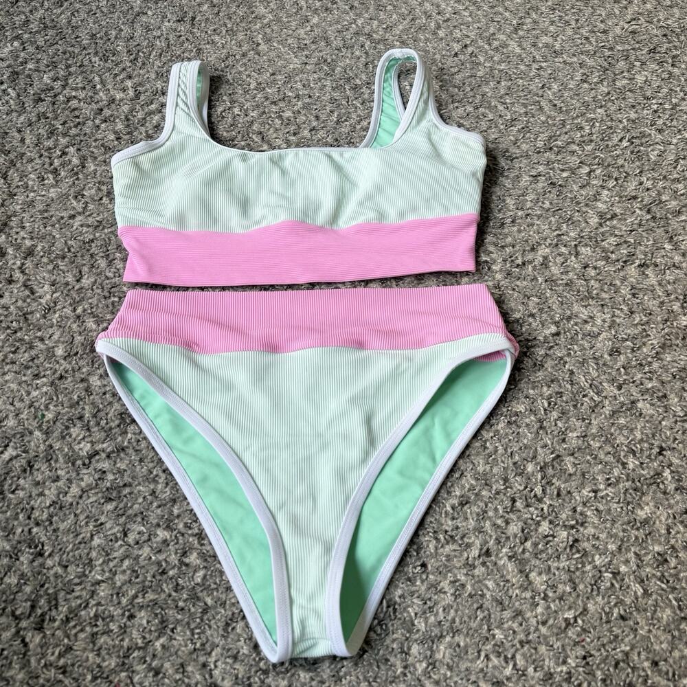 Lain Snow Women's Kiawah Bikini Top Size M Bottom Size L Pink Green Ribbed